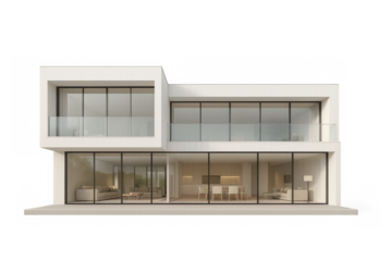 Modern residential house exterior with contemporary design, white facade, large glass windows, and balcony, transparent background