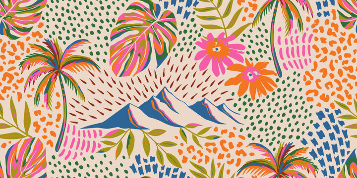 Tropical seamless pattern with hand drawn palm trees. Hawaiian florals summer background for fabric, textiles, clothing, poster, cover, decoration, banner, wallpaper, interior. Vector illustration.