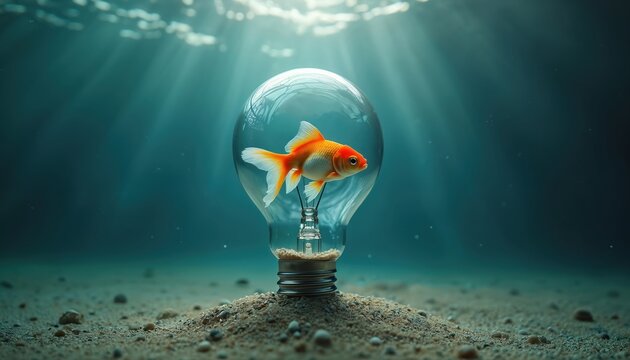 Goldfish swims inside glass light bulb on ocean floor. Sunlight rays penetrate blue water. Image nature trapped by human pollution, waste impacting marine life, eco system, showing environmental