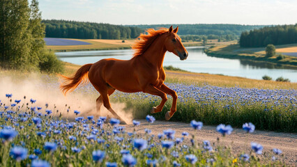 A beautiful Arabian horse running fast along the road, with dust rising from under its hooves. In the background — a picturesque natural landscape with fields and a river.