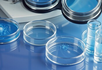 Cluster of petri dishes with blue cultures on a laboratory bench microbiology study