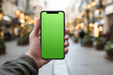 Close up of hand holding smartphone with blank green screen, set against blurred background of festive street with lights. scene conveys sense of modern technology and urban life