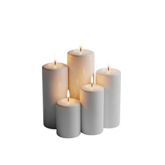 Group of five white pillar candles burning isolated on transparent background