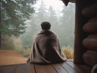 Person wrapped in cozy blanket sits on cabin porch, gazing at misty forest landscape. serene atmosphere evokes sense of peace and reflection amidst nature beauty