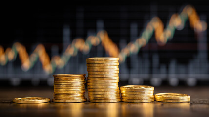 Stacked gold coins symbolize financial growth and investment, set against blurred background of rising financial graph. This captures essence of wealth accumulation and economic progress