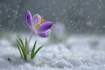 Delicate purple crocus flower blossoming in the snow with gently falling snowflakes creating a magical winter scene