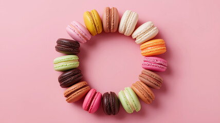 Colorful macarons arranged in circle on pink background create delightful and vibrant display, showcasing variety of flavors and textures that evoke joy and sweetness