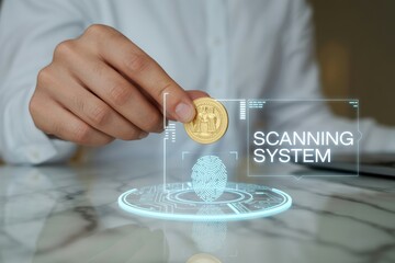 Person holding gold coin over holographic fingerprint scanning system interface display