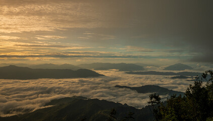 Golden sunrise lighting up mountain valley filled with mist and clouds, peaceful nature landscape.