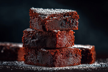 Delicious chocolate fudge brownies stacked high, showcasing rich, moist texture and dusting of powdered sugar, perfect for dessert lovers