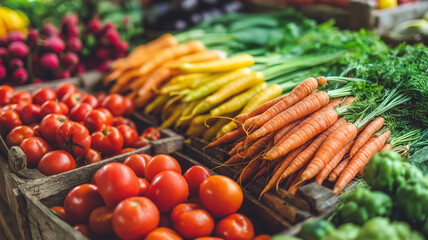 Colorful display of fresh organic vegetables at farmers market, featuring vibrant carrots, tomatoes, and leafy greens, creating lively and inviting atmosphere