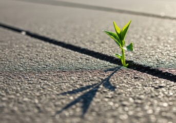 Resilient green sprout emerges from a crack in a paved walkway casting a long shadow