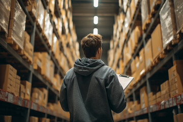 Person stands warehouse, surrounded by tall shelves filled with cardboard boxes, holding clipboard. atmosphere is focused and industrious, reflecting importance of organization and inventory