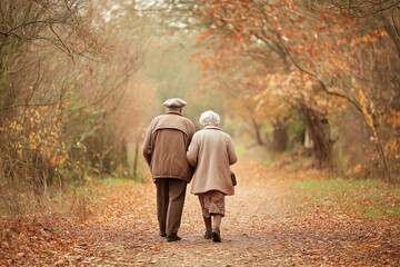 Elderly couple walking together down serene path surrounded by autumn foliage, showcasing love and companionship in nature beauty