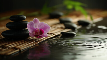 Serene spa composition featuring stacked black zen stones, delicate pink orchid, and rippling water, creating tranquil atmosphere perfect for relaxation and mindfulness