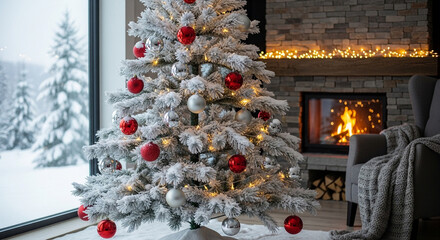 Cozy Christmas scene with a flocked tree decorated with red and silver ornaments fireplace and winter landscape outside the window