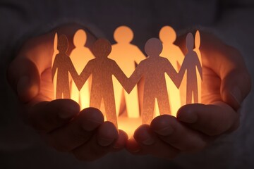 Caring Hands Protecting Glowing Paper Cutout Chain Figures