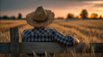 Farmer wearing straw hat sits on wooden fence, gazing at golden wheat field during sunset. warm light creates serene atmosphere, evoking sense of peace and connection to nature