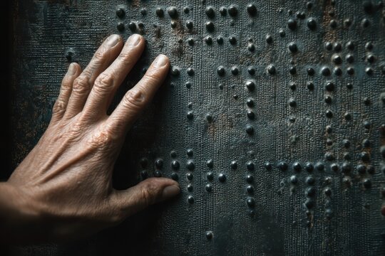 Communication for Blind: Hand Feeling Braille Dots on Wooden Surface
