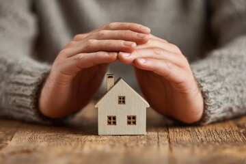 Concept of Home Insurance: Hands Enclosing Miniature House Structure