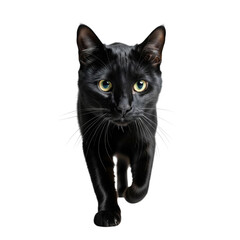 A sleek black cat walks forward isolated on transparent background, looking at camera