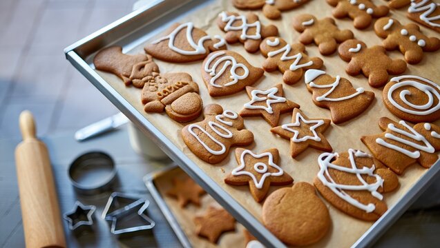 Gingerbread cookies on a baking tray with festive icing for Christmas season cheer