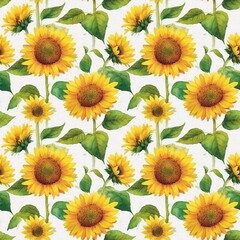 Seamless sunflower and leaf pattern, bright yellow and green, hand-painted style, high-resolution, fabric design design patterns seamless fabric pattern, textile background