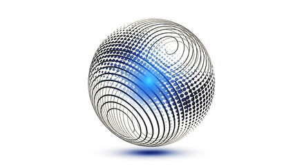 Abstract 3D sphere with a futuristic spiral wireframe and halftone dot pattern. A central blue light flare suggests energy, global data, and connection technology. Modern digital illustration.