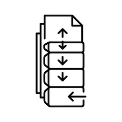 Black and white line art icon representing document processing, file sorting, data flow, or uploaddownload sequence