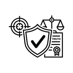 Black and white line art icon representing truth, accuracy, protection, justice, and target achievement concept