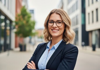 Confident businesswoman with glasses smiling outdoors in a city setting