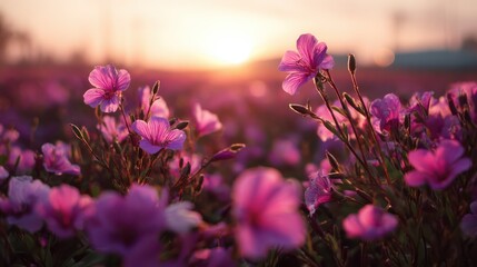 Field of Flax Flowers at Sunset in Warm Light Creates a Beautiful Floral Landscape Nature Scene