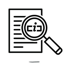 Black and white line art icon representing document review or information search with a magnifying glass over text