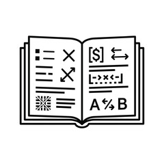 Black and white line art icon of an open book displaying various symbols, text, and mathematical notations, isolated on