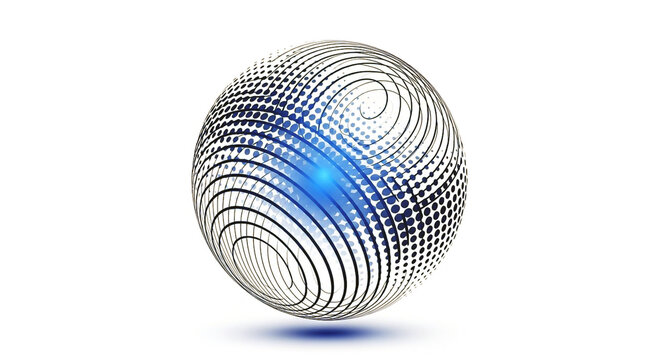 Abstract 3D sphere with a futuristic spiral wireframe and halftone dot pattern. A central blue light flare suggests energy, global data, and connection technology. Modern digital illustration.