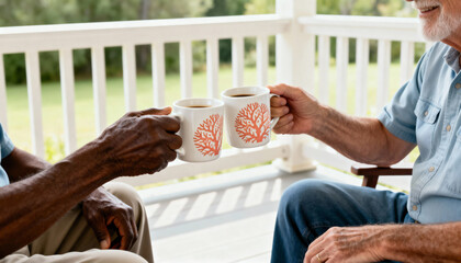 Close-up of two diverse senior men toasting with coffee mugs on a porch. Multiracial friends enjoying a conversation and connecting in retirement