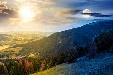 mountain landscape of under blue sky with clouds. day and night time change concept. countryside scenery with green meadow, rolling hills and valley under sun and moon. duality and transition template
