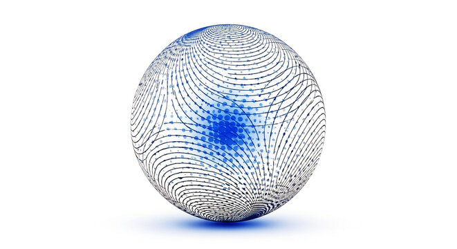 3D sphere made of fine, wavy wireframe lines with a burst of dense blue halftone dots in the center.