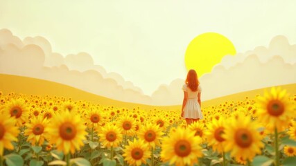 Woman standing gazing at sunrise in endless sunflower field, surrounded by green mountains white clouds and golden sun rays, uplifting scene, concept of summer nature wellness
