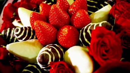 Rotating bouquet of rose and strawberry in chocolate frosting — elegant dessert decoration perfect for bakery showcase, confectionery design, or festive culinary presentation. - Powered by Adobe