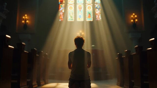 Hiistoric chapel bathed in gentle, multicolored light streaming through stained glass with alone figure kneels in prayer at the altar