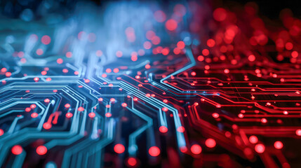 Digital circuit board with glowing blue and red pathways representing advanced technology and electronic data flow in a futuristic design environment