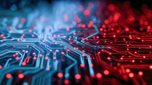 Digital circuit board with glowing blue and red pathways representing advanced technology and electronic data flow in a futuristic design environment