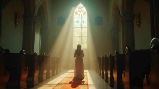 A quiet moment of contemplation in a chapel bathed in ethereal light. Dust particles float in the air as a beam of sunlight breaks through a stained-glass window, illuminating a solitary figure in pra