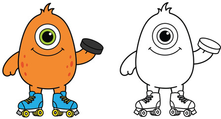Cute orange monster cartoon character riding roller skates and holding a hockey puck, with black and white outline for coloring book vector illustration
