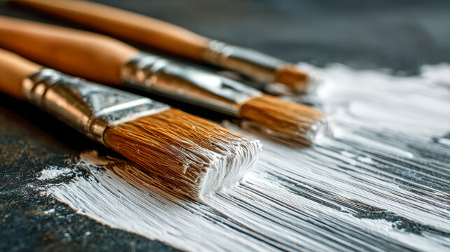 Three paintbrushes with wooden handles applying white paint strokes on a dark textured surface in an artistic close-up composition