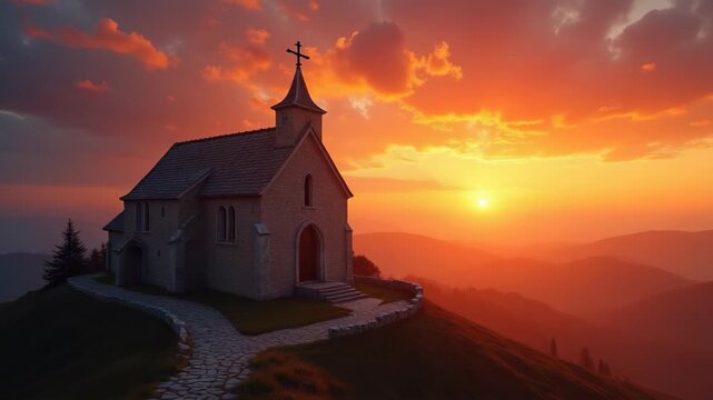 A majestic, panoramic view of an ancient stone church perched on a hillside at sunset. Faith, resilience, and the timeless nature of Christian life.