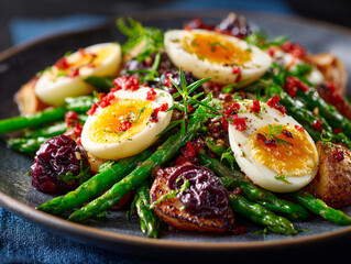 The image shows a salad with lettuce, cherry tomatoes, boiled eggs, olives, asparagus, and bacon. The salad is garnished with fresh herbs and is served in a black bowl.