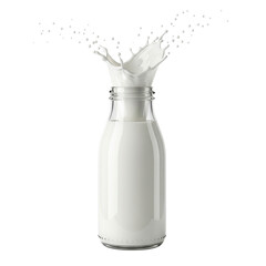 Fresh milk splashing out of a glass bottle isolated on transparent background