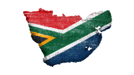  Map of South Africa in the shape of the country filled with its colorful national flag isolated on white background